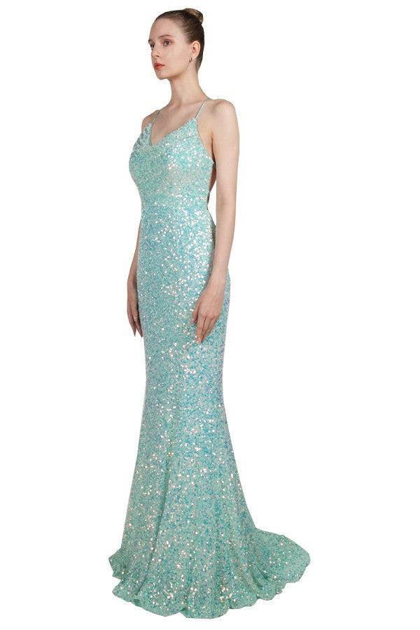 Mint Green sequin formal evening dress with lace up back and mermaid finish, by Miss Anne.